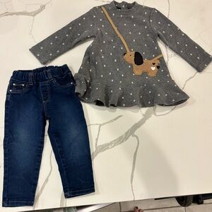 Mayoral Gray Polka Dot Dress with Dog Purse and Blue Jeans Set Size 12 months